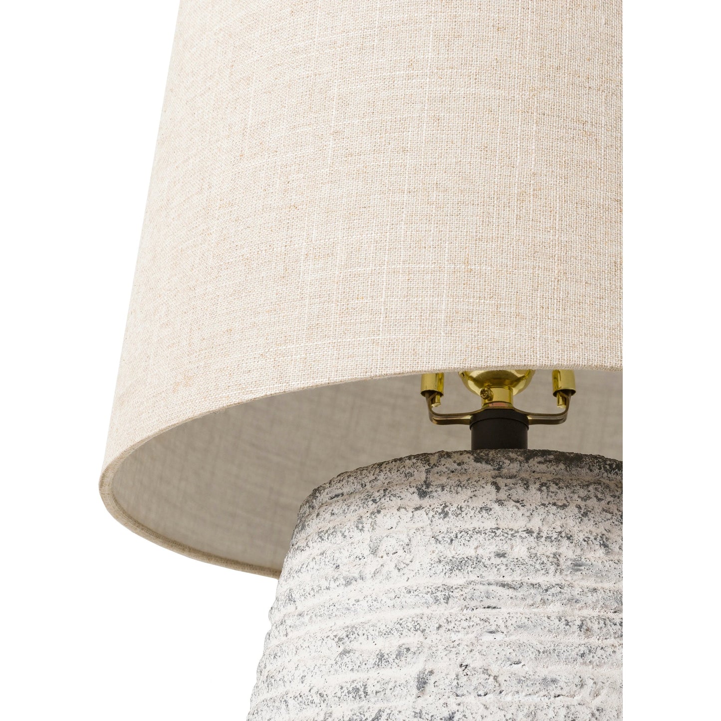 004 SI-1922326 | Closeup | Emerson - 32535 by Surya in translucent, gray, black, white, metallic brass, beige and antiquedpainted. Made from shade (outside): linen, shade (inside): polyester, body: ceramic, finial: metal, harp: iron in a modern style.