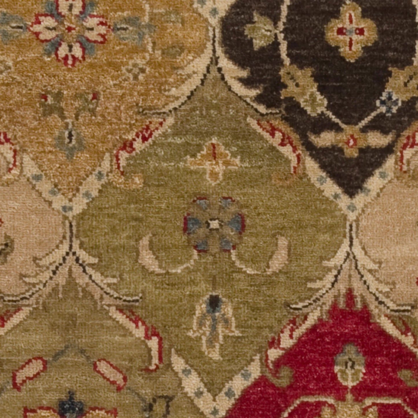 003 17906-3178,17906-3179,17906-3180 | Closeup | Estate Rug - 6001 by Surya in wheat, medium green, dark red, dark brown, light brown. Made from 100% hand spun new zealand wool in a unique style.