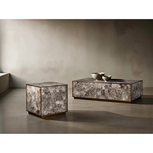 Tildon Side Table by Bernhardt in smokey quartz, aged brass. Made from stone, metal in a modern style.