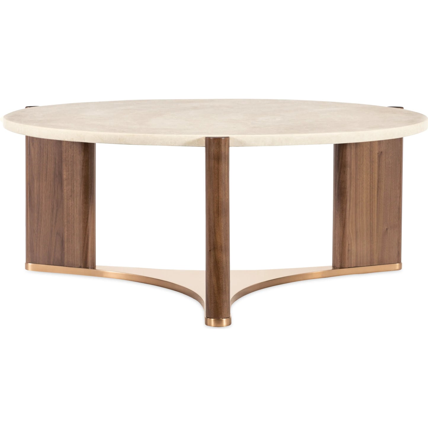 003 SI-2458572 | Additional Silo | Eleana Round Cocktail Table by Hooker Furniture in light caramel, quartered walnut veneers, marble. Made from walnut veneers, marble in a modern style.
