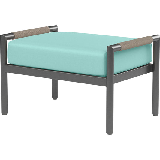 003 SI-2513998 | Primary Silo | Pietra Outdoor Ottoman by Sunset West in dupione celeste and grays. Made from olefin rope in a modern style.