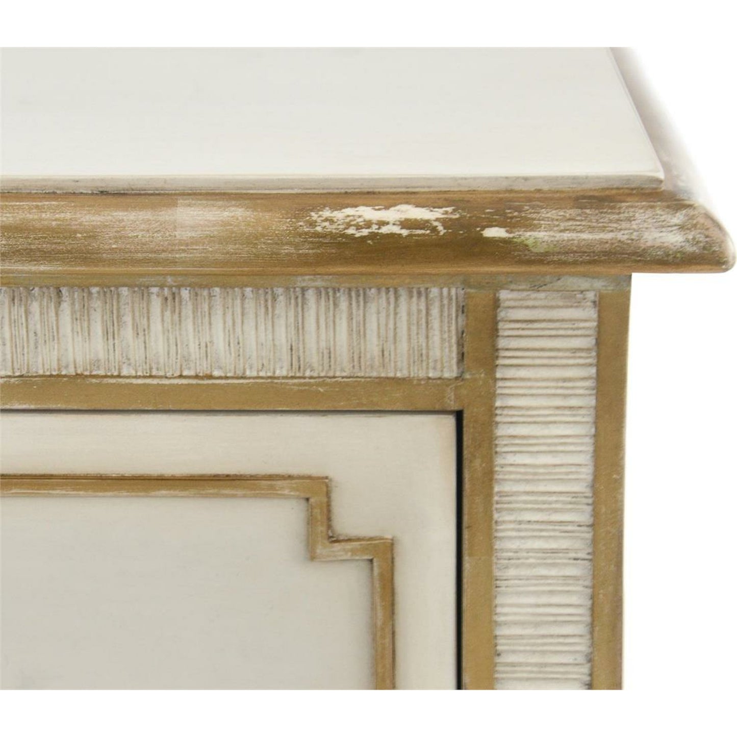 003 SR-772056 | Closeup | Vallejo Nightstand by John-Richard in beluga, gold and distressed antique beluga, distressed gold. Made from mdf, beech, celtis veneer, steel, resin, soft closing drawer runners in a traditional style.