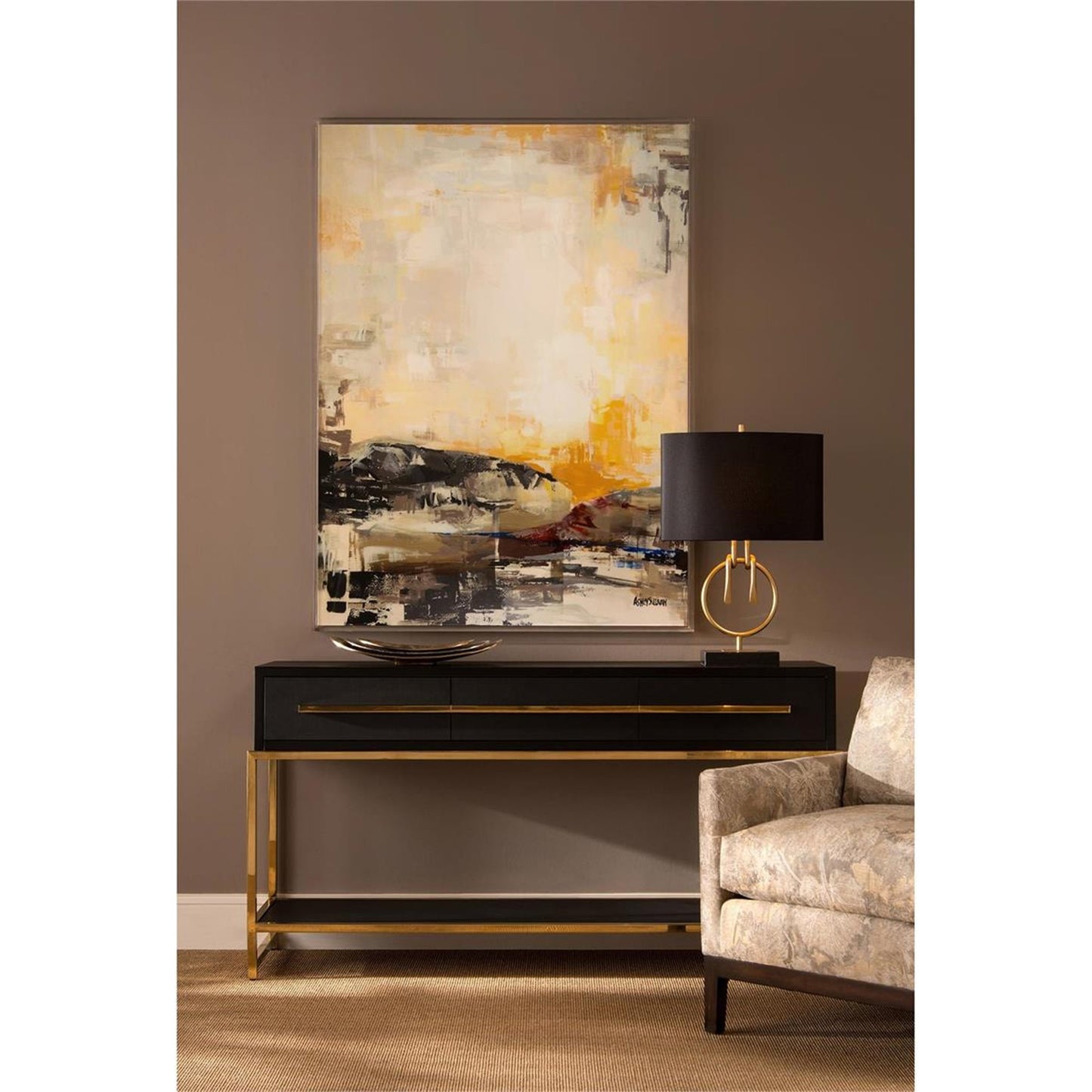 004 SR-864896 | Lifestyle | Midnight Console Table by John-Richard in black, brass, stainless steel. Made from brass, steel in a transitional style.
