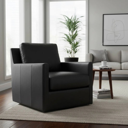 Europa Swivel Glider by LH Imports in black. Made from top grain leather, split grain leather, meranti wood, foam, feather in a unique style.