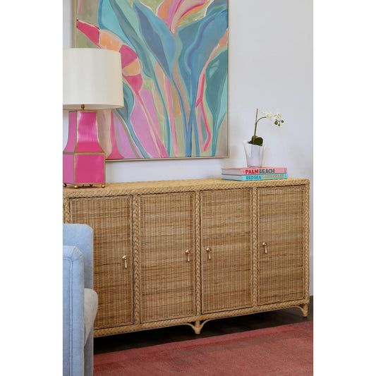 Evander Four Door Buffet by Worlds Away in fully wrapped rattan. Made from unique in a cottage & farmhouse style.