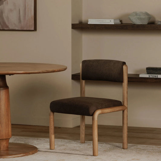 April Dining Chair (Set of 2) by Moe's Home Collection in deep brown and oak stained. Made from upholstery: 96% polyester, 4% nylon, solid ash wood frame, high density foam in a transitional style.