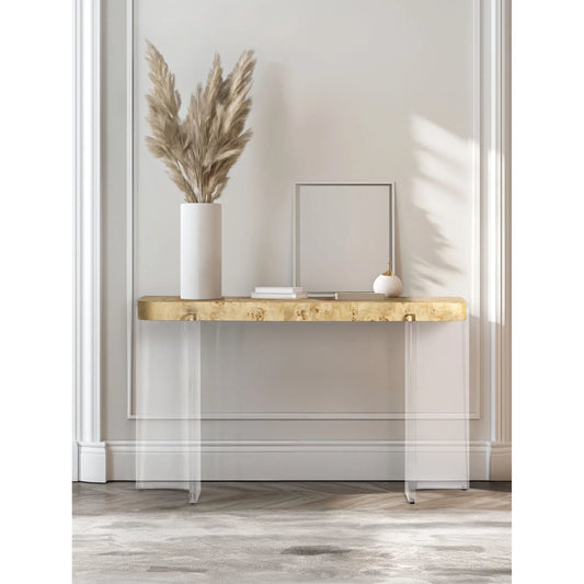 Veil Console Table by Jonathan Charles in natural mappa burl. Made from mappa burl in a modern style.
