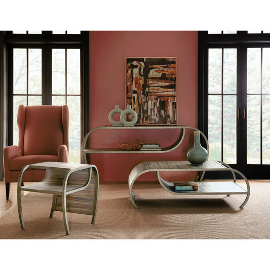 Commerce & Market Open Ended Cocktail Table by Hooker Furniture in medium wood and natural medium wood finish. Made from oak veneers, metal tube and sheet metal in a modern style.