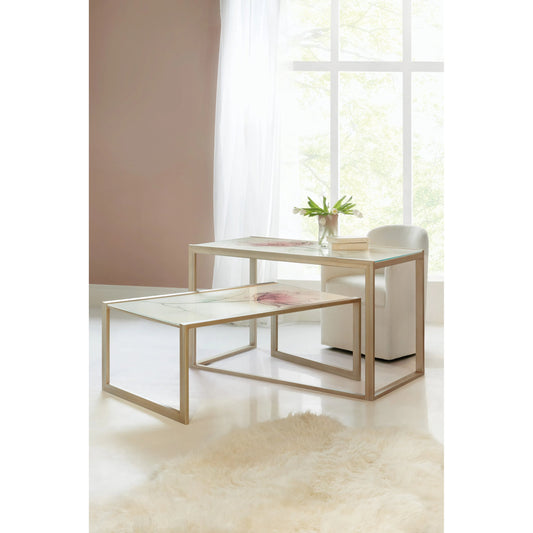 Blossoming Hope Writing Desk by Hooker Furniture in gold. Made from tempered ultra white glass with handpainting and metal in a modern style.