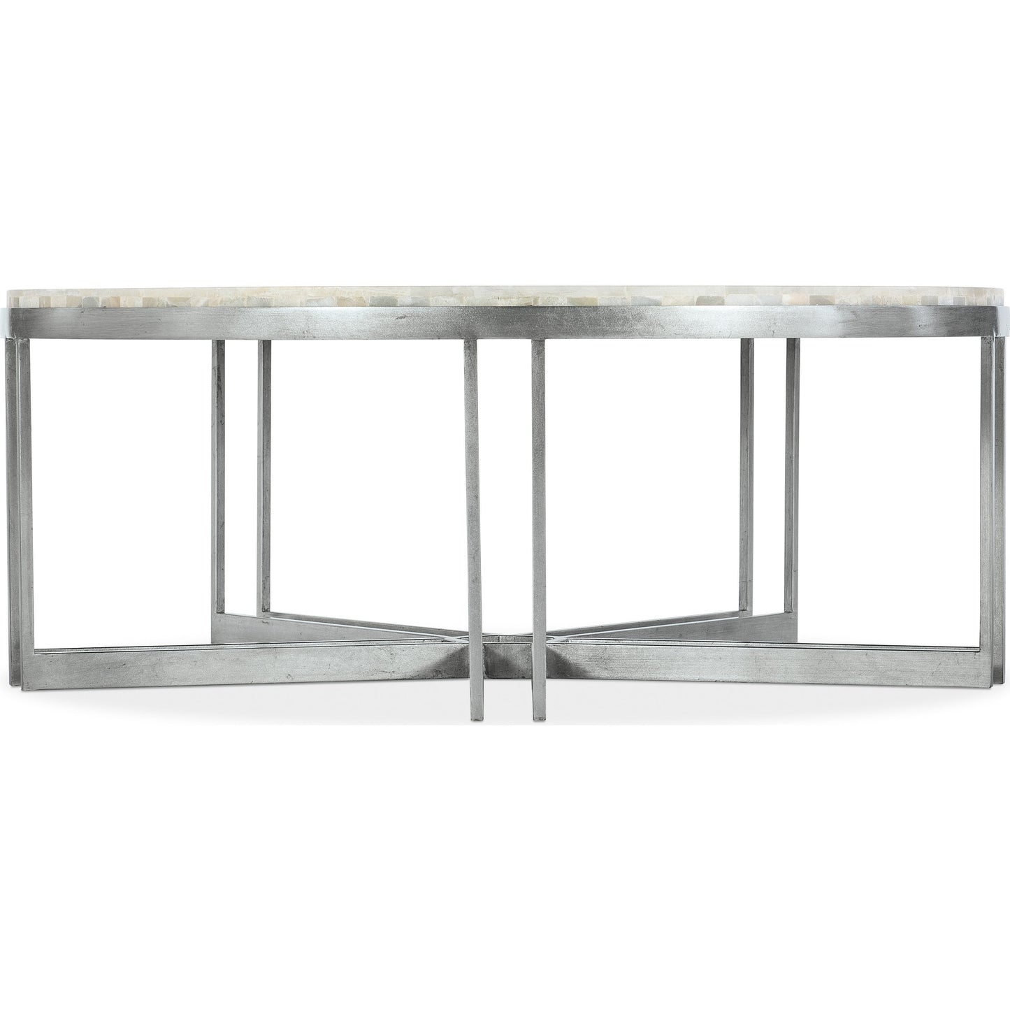 001 SI-1873156 | Primary Silo | Melange Marin Round Cocktail Table by Hooker Furniture in silver. Made from tumbles white onyx with carbon steel metal in a transitional style.
