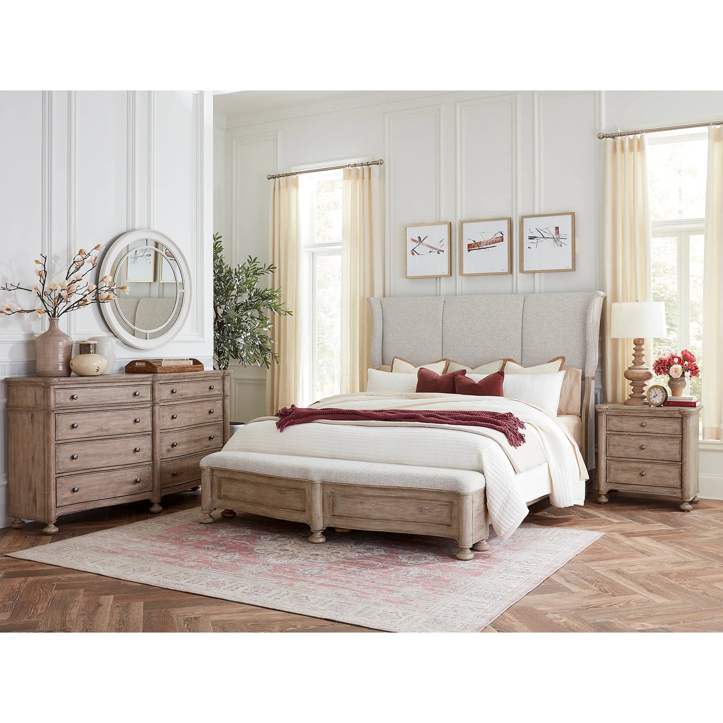 006 SI-2222963 | Lifestyle | Higgins Street 3-Drawer Nightstand with USB-C ports by Pulaski Furniture in brown and woodland stone. Made from unique in a unique style.