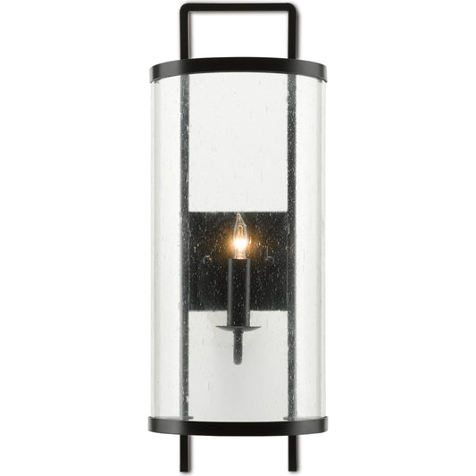 Breakspear Wall Sconce by Currey and Company in antique black. Made from metal, seeded glass in a transitional style.
