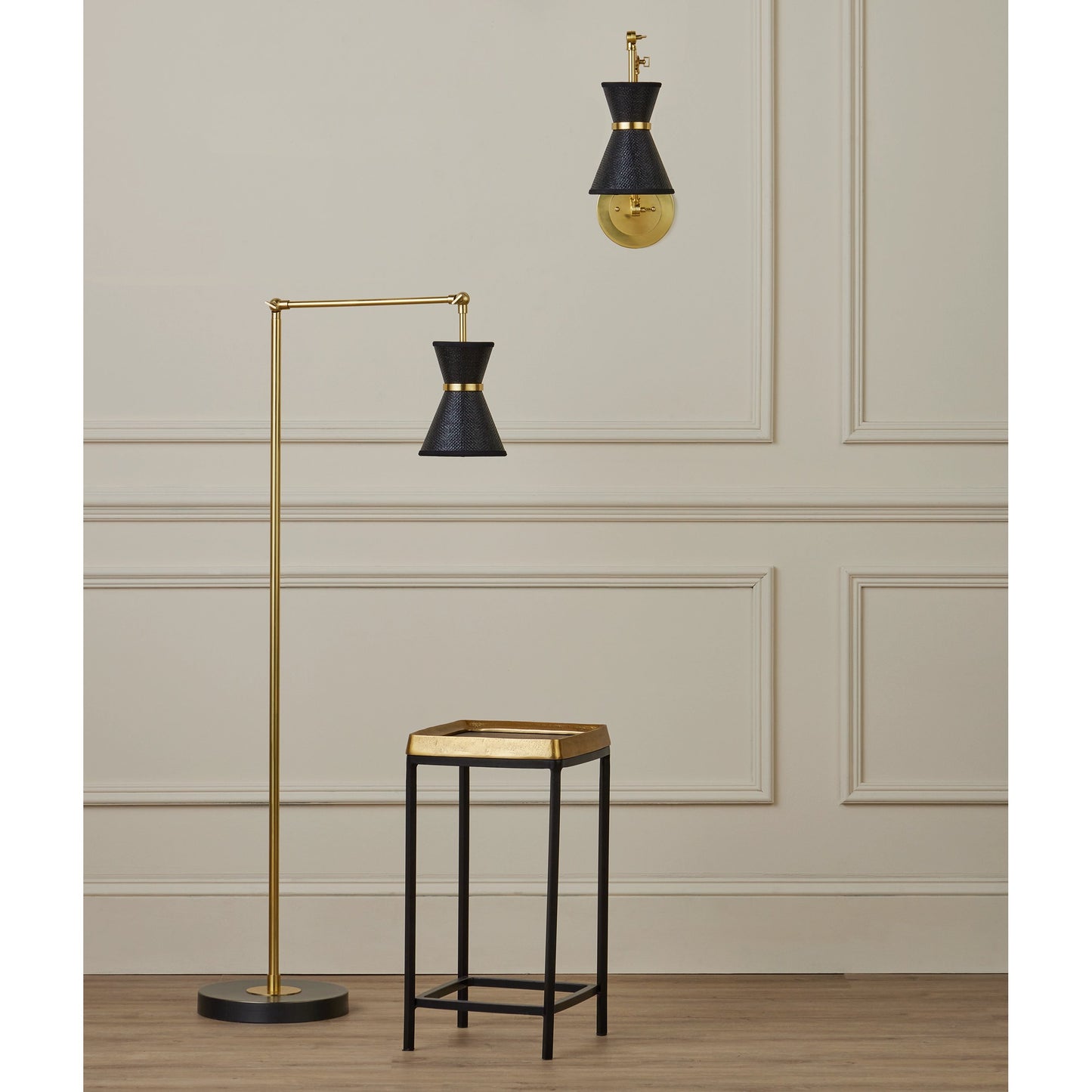 006 SI-2133855 | Lifestyle | Avignon Wall Sconce by Currey and Company in polished brass, black. Made from metal, paper in a modern style.