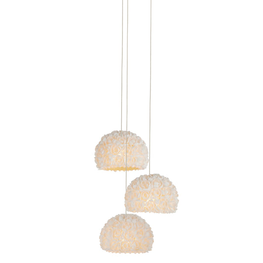 Virtu 3-Light Round Multi-Drop Pendant by Currey and Company in natural, silver. Made from clamrose shell, metal, composite in a modern style.