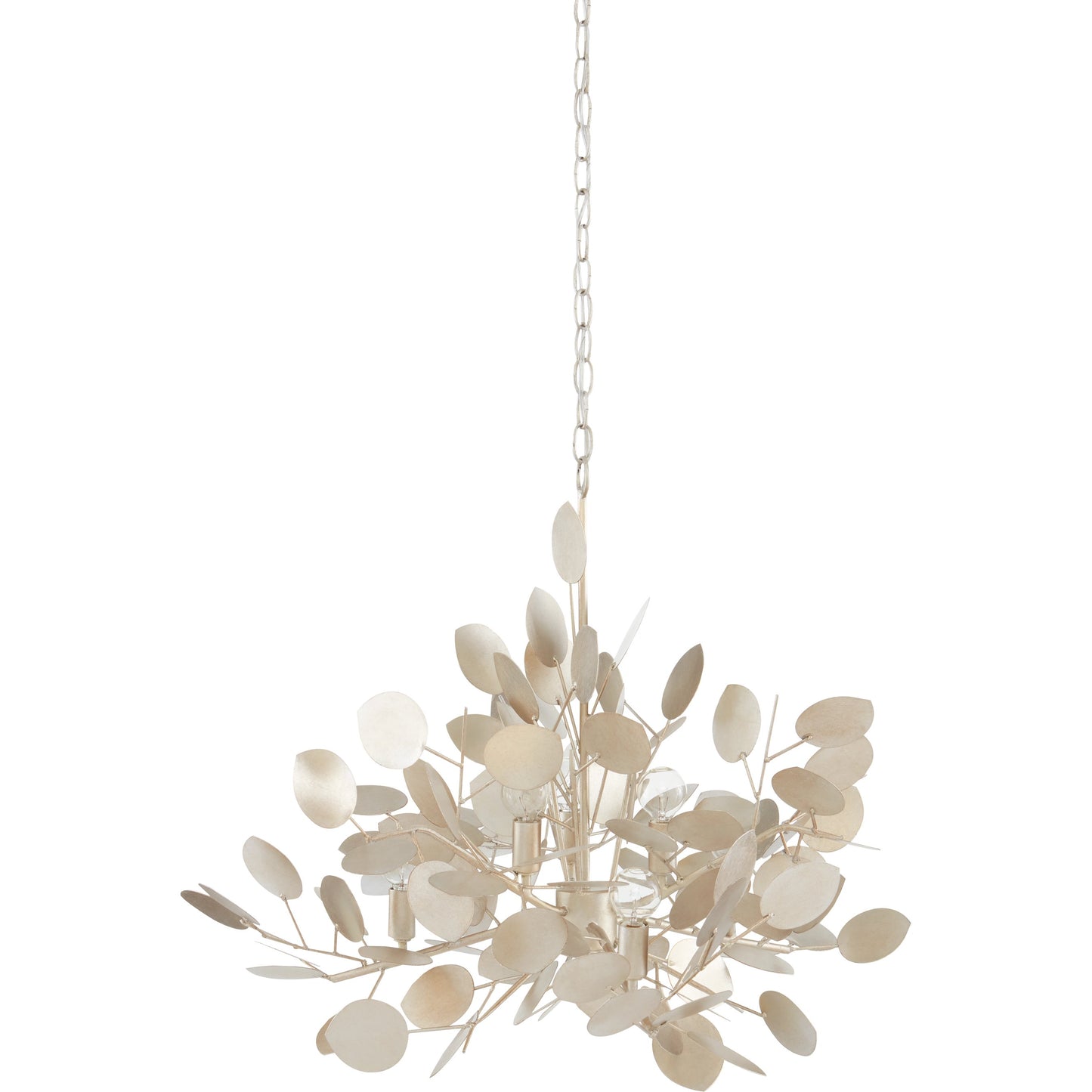 006 SI-1894402 | Additional Silo | Lunaria Chandelier by Currey and Company in contemporary silver leaf. Made from wrought iron in a transitional style.