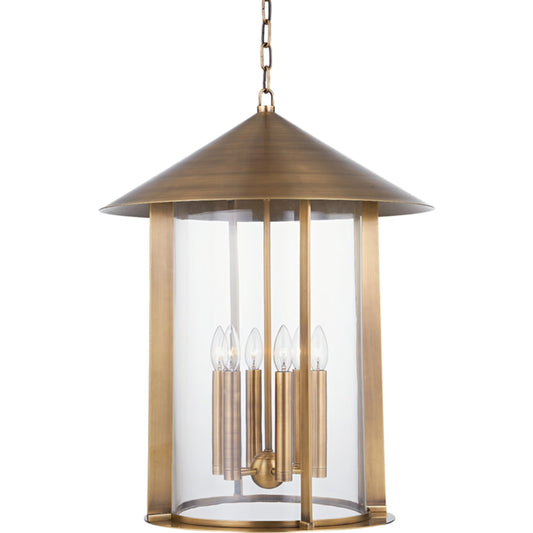 Long Beach Lantern by Troy in patina brass. Made from aluminum in a transitional style.