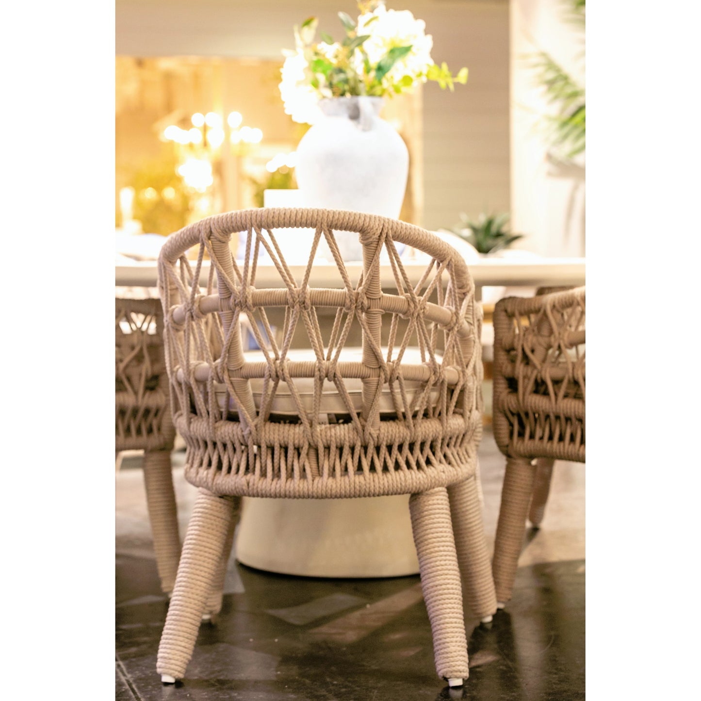 009 SI-2167042 | Lifestyle | Dana Outdoor Rope Dining Chair in Linen by Sunset West in natural. Made from olefin rope in a coastal style.