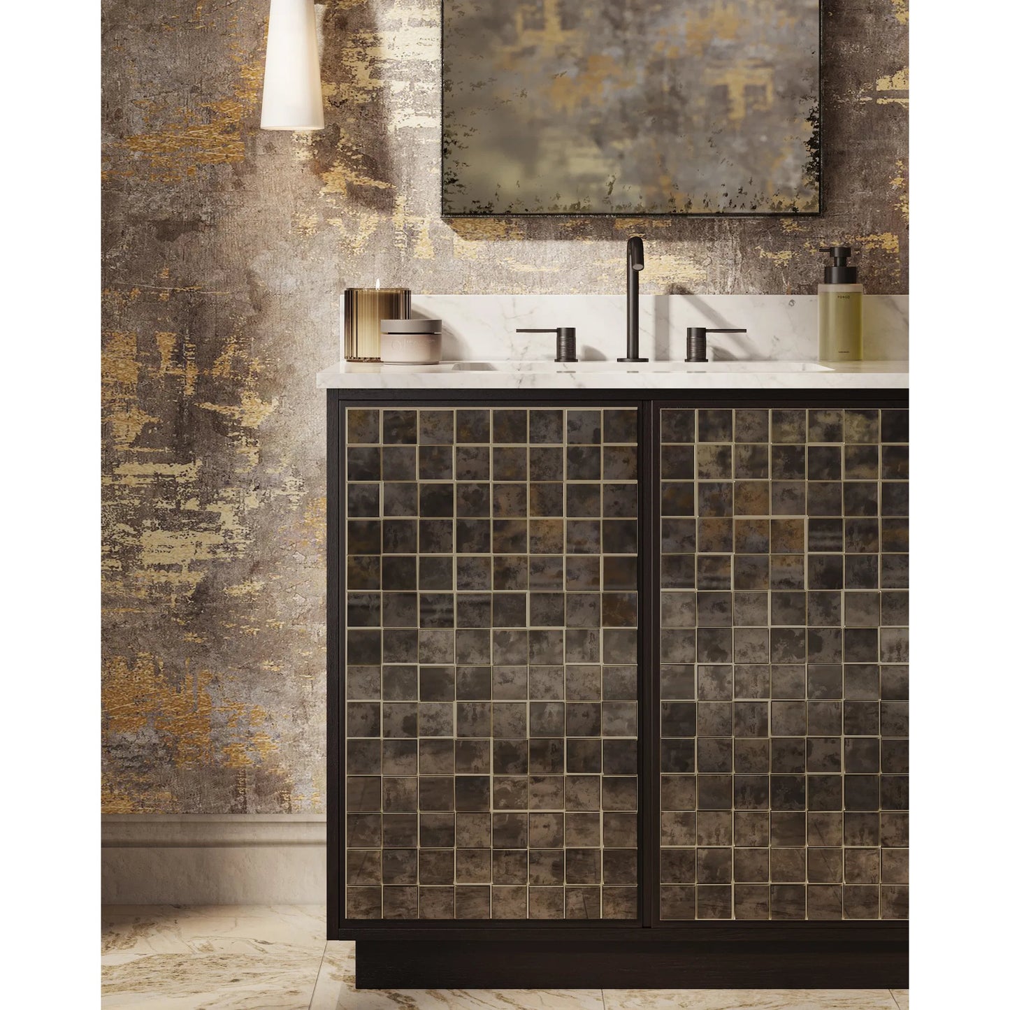 006 SI-2387100 | Lifestyle | Mosaico 36" Vanity with Undermount Sink by Currey and Company in ebony, natural, white, antique mirror. Made from mango wood, carrara marble, vitreous china, glass in a unique style.