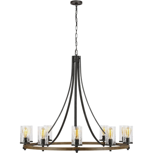 Angelo Chandelier by Generation Lighting in distressed weathered oak, slate gray metal. Made from steel in a rustic style.