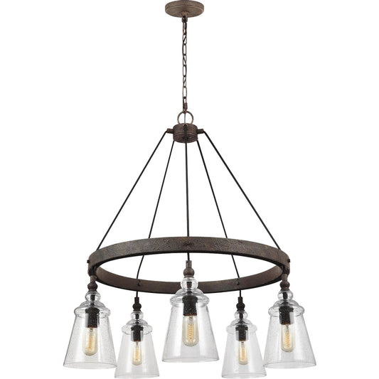 Loras Chandelier by Generation Lighting in dark weathered iron. Made from steel in a modern style.