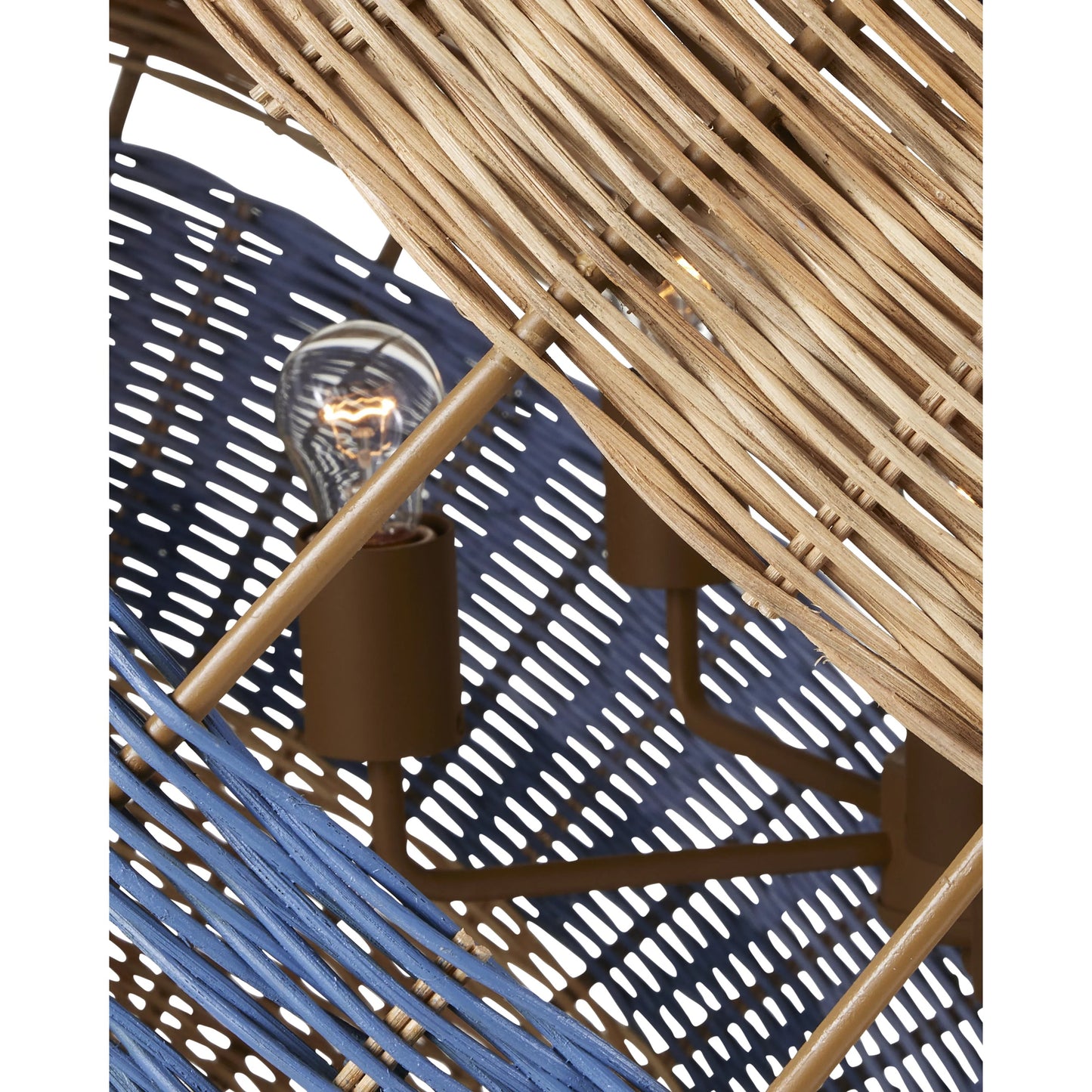006 SI-2007859 | Closeup | Senjyo Tilted Orb Chandelier by Currey and Company in khaki, natural, cornflower, blue bonnet. Made from rattan, wrought iron in a coastal style.