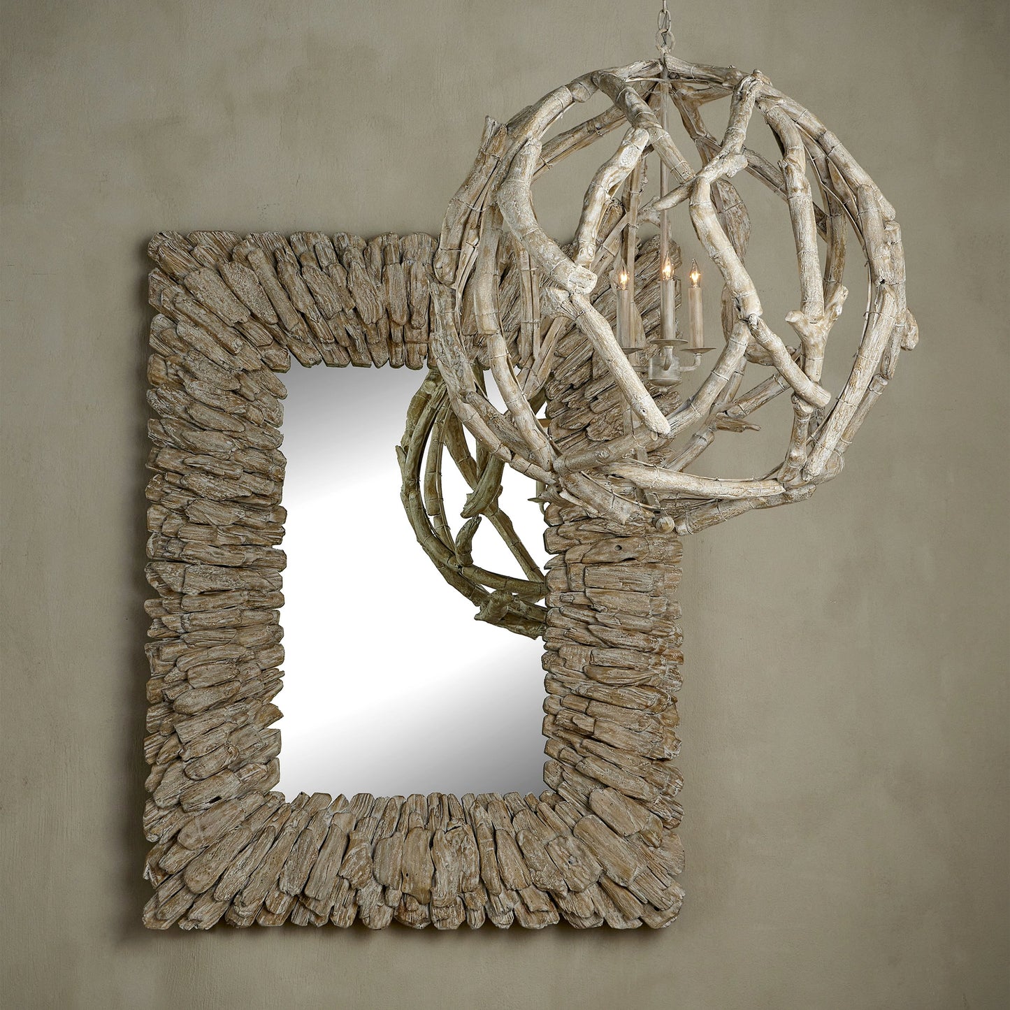 005 SI-2133862 | Lifestyle | Beachhead Wash Mirror by Currey and Company in whitewashed driftwood, mirror. Made from wood, glass in a modern style.