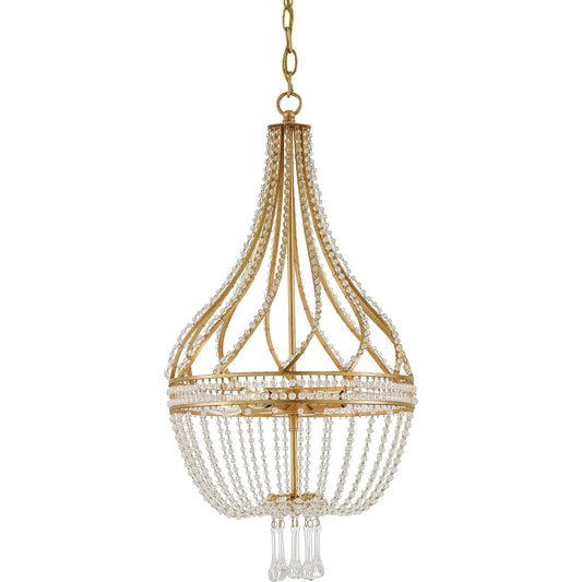 Ingenue Chandelier by Currey and Company in antique gold leaf. Made from wrought iron, crystal in a traditional style.