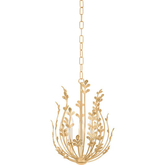 Delmore 3-Light Chandelier by Troy in vintage gold leaf. Made from iron in a modern style.
