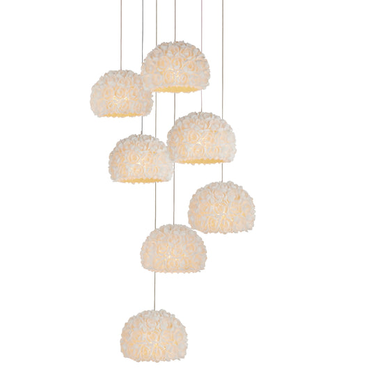 Virtu 7-Light Round Multi-Drop Pendant by Currey and Company in natural, silver. Made from clamrose shell, metal, composite in a modern style.