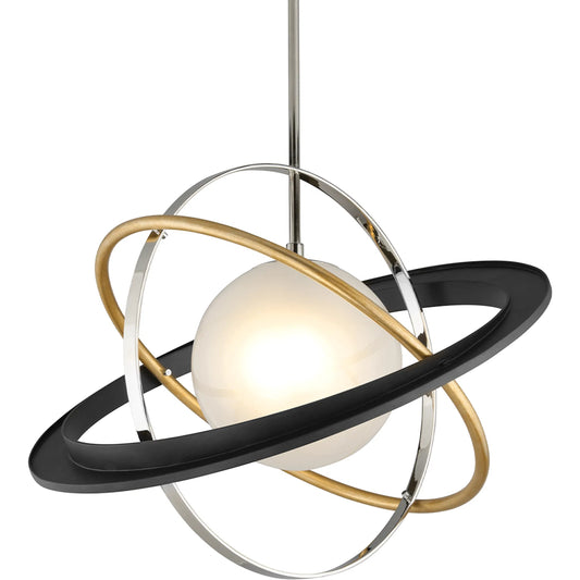 Apogee Pendant by Troy in bronze gold leaf, stainless. Made from hand worked iron in a modern style.