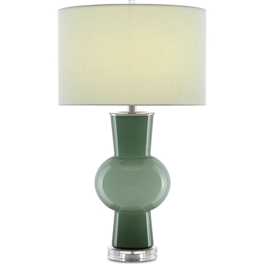 Duende Table Lamp by Currey and Company in light, dark green, polished nickel, clear. Made from glass, optic crystal in a eclectic & global style.