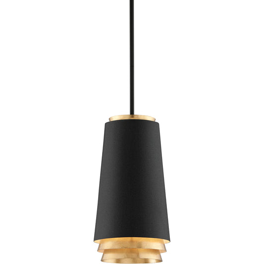Fahrenheit Pendant by Troy in textured black with gold leaf. Made from hand worked iron in a modern style.