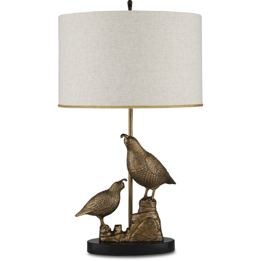 Codorniz Table Lamp by Currey and Company in antique brass, black. Made from cast aluminum, granite in a modern style.