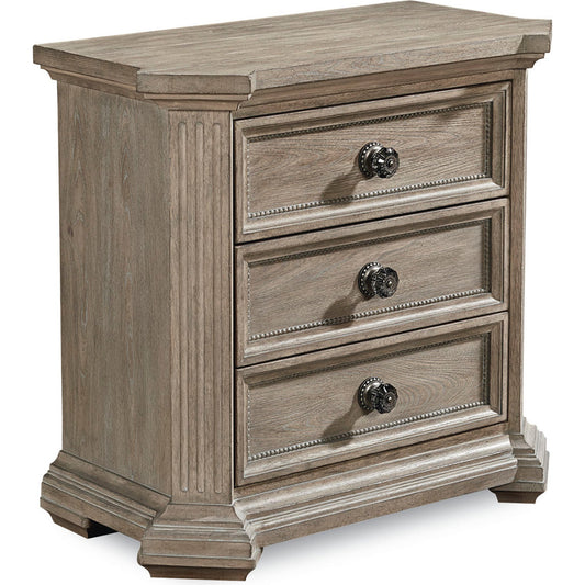 Arch Salvage Cady Nightstand by A.R.T. Furniture in brown and parch. Made from parrawood solids, cathedral elm veneers in a traditional style.