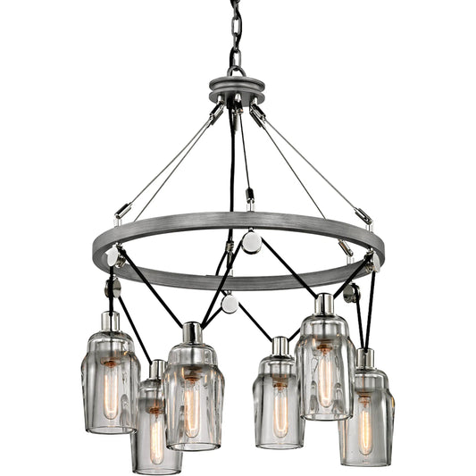 Citizen Pulley Hanging Lamp by Troy in graphite, polished nickel. Made from hand-worked iron in a modern style.
