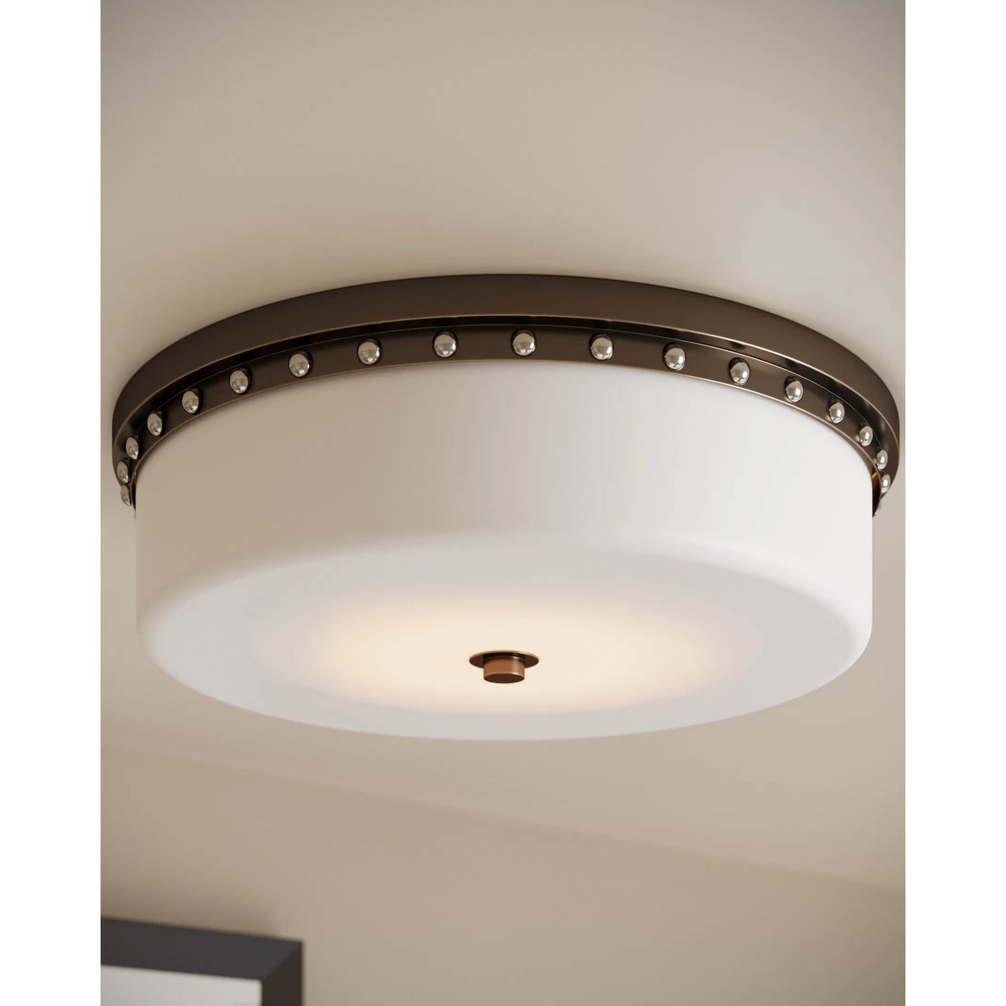 006 SI-2386957 | Lifestyle | Barnabe Flush Mount by Currey and Company in white, antique brass, polished nickel. Made from glass, metal in a traditional style.