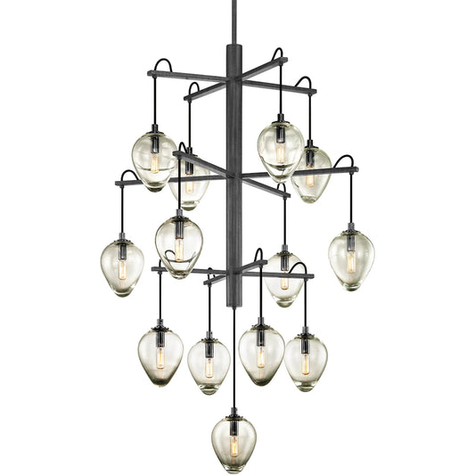 Brixton 13 Light Chandelier by Troy in gun metal with smoked chrome. Made from hand worked iron in a modern style.