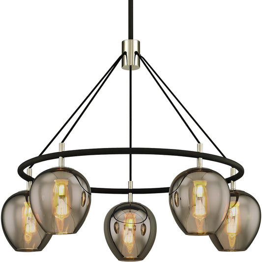 Iliad 5-Light Chandelier by Troy in textured black, polish nickel. Made from hand worked iron in a modern style.