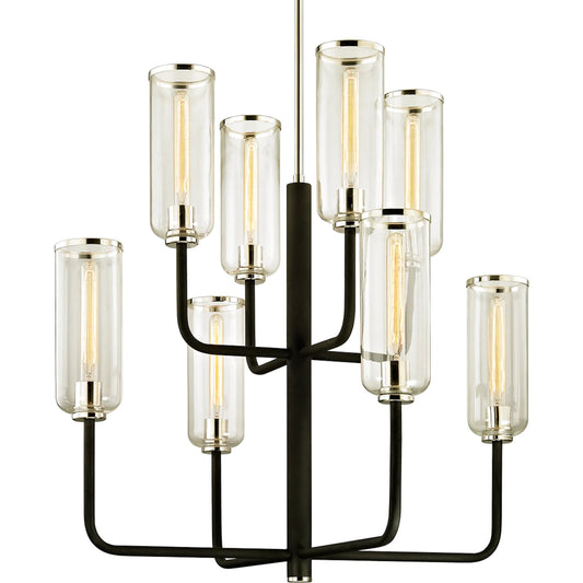 Aeon 8 Light Chandelier by Troy in carbide blk, pol nickel. Made from hand worked iron in a modern style.