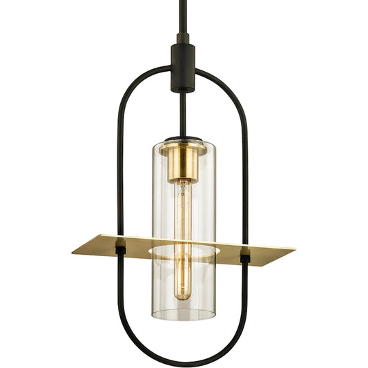Smyth Pendant by Troy in dark bronze and brushed brass. Made from hand worked iron, brass in a modern style.