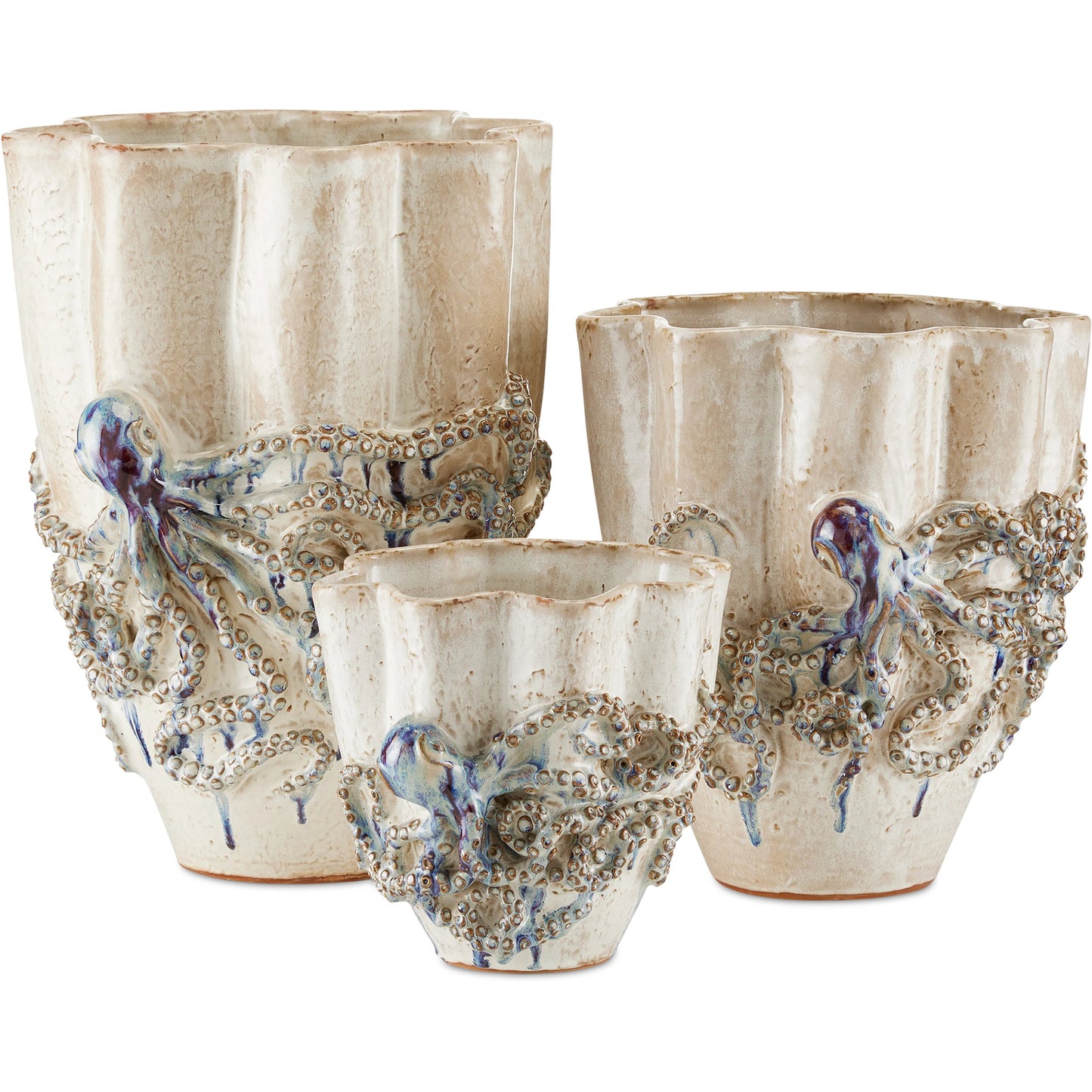 009 SI-1924068 | Additional Silo | Octopus Vase by Currey and Company in cream, reactive blue. Made from ceramic in a coastal style.