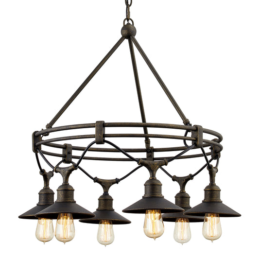 Shelton Chandelier by Troy in vintage bronze. Made from hand crafted aluminum in a cottage & farmhouse style.