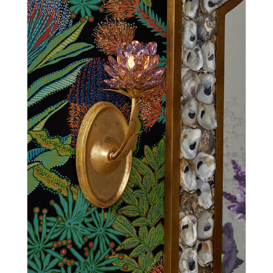 Margate Mirror by Currey and Company in contemporary gold leaf, natural. Made from wrought iron, mirror, oyster shell in a coastal style.