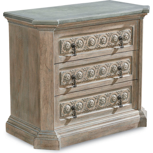 000 SR-881752 | Primary Silo | Arch Salvage Gabriel Bedside Chest by A.R.T. Furniture in brown and parch. Made from parrawood solids, cathedral elm veneers, concrete top in a traditional style.
