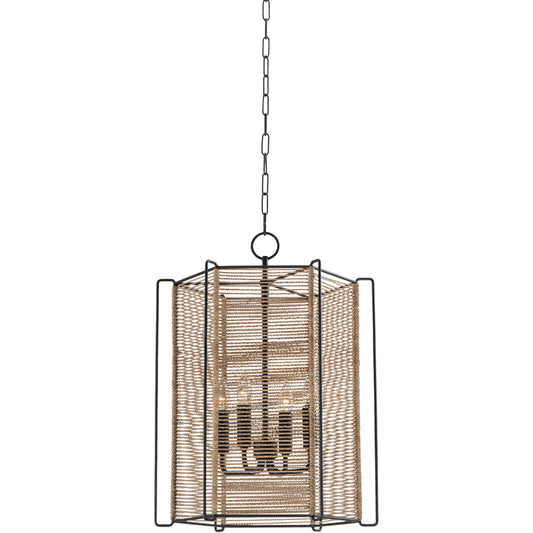 Ramon 4 Light Lantern by Troy in textured black. Made from iron in a cottage & farmhouse style.