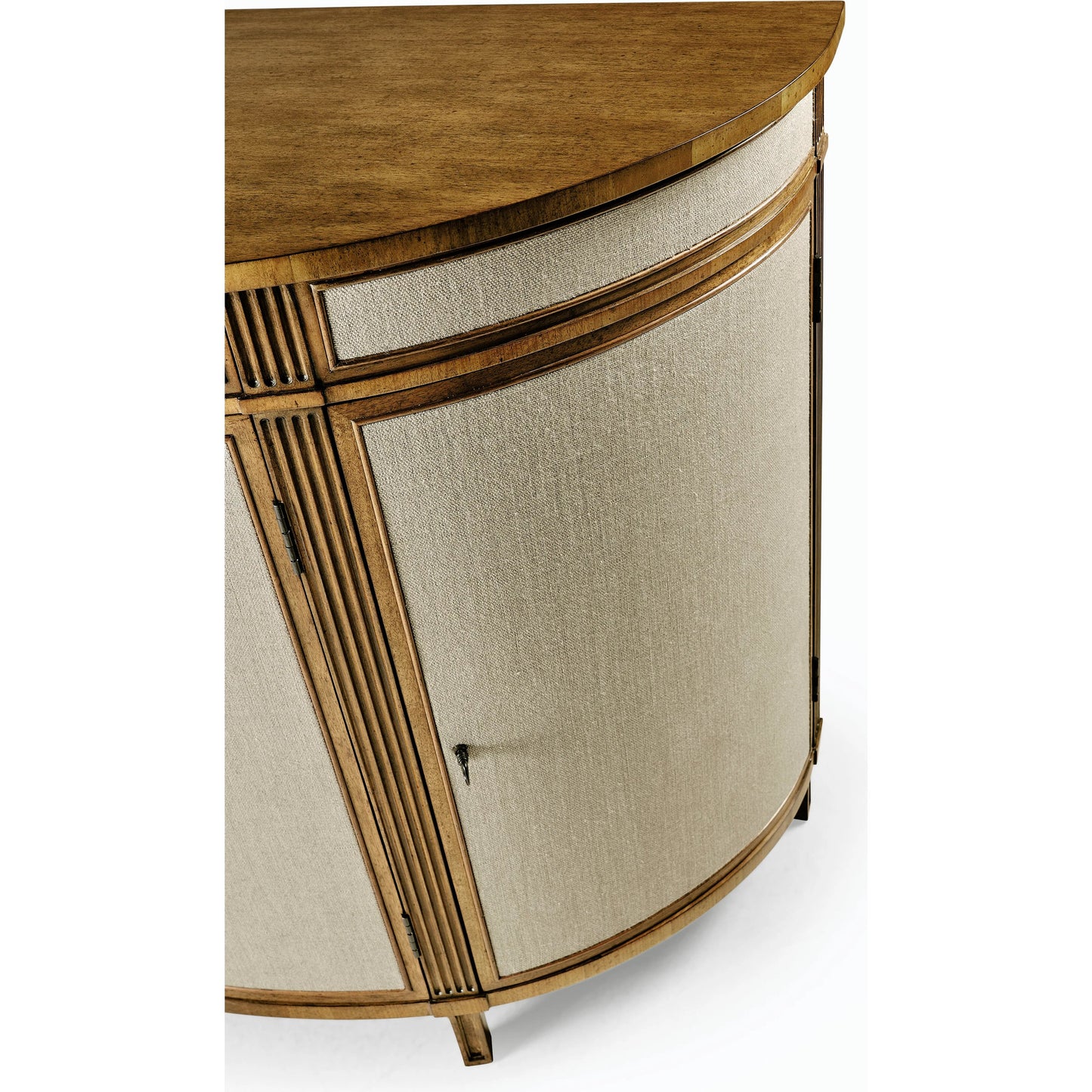 004 SI-2186366 | Closeup | Reimagined Inductance Demilune by Jonathan Charles in fruitwood, performance linen. Made from acacia, foam, fabric in a transitional style.