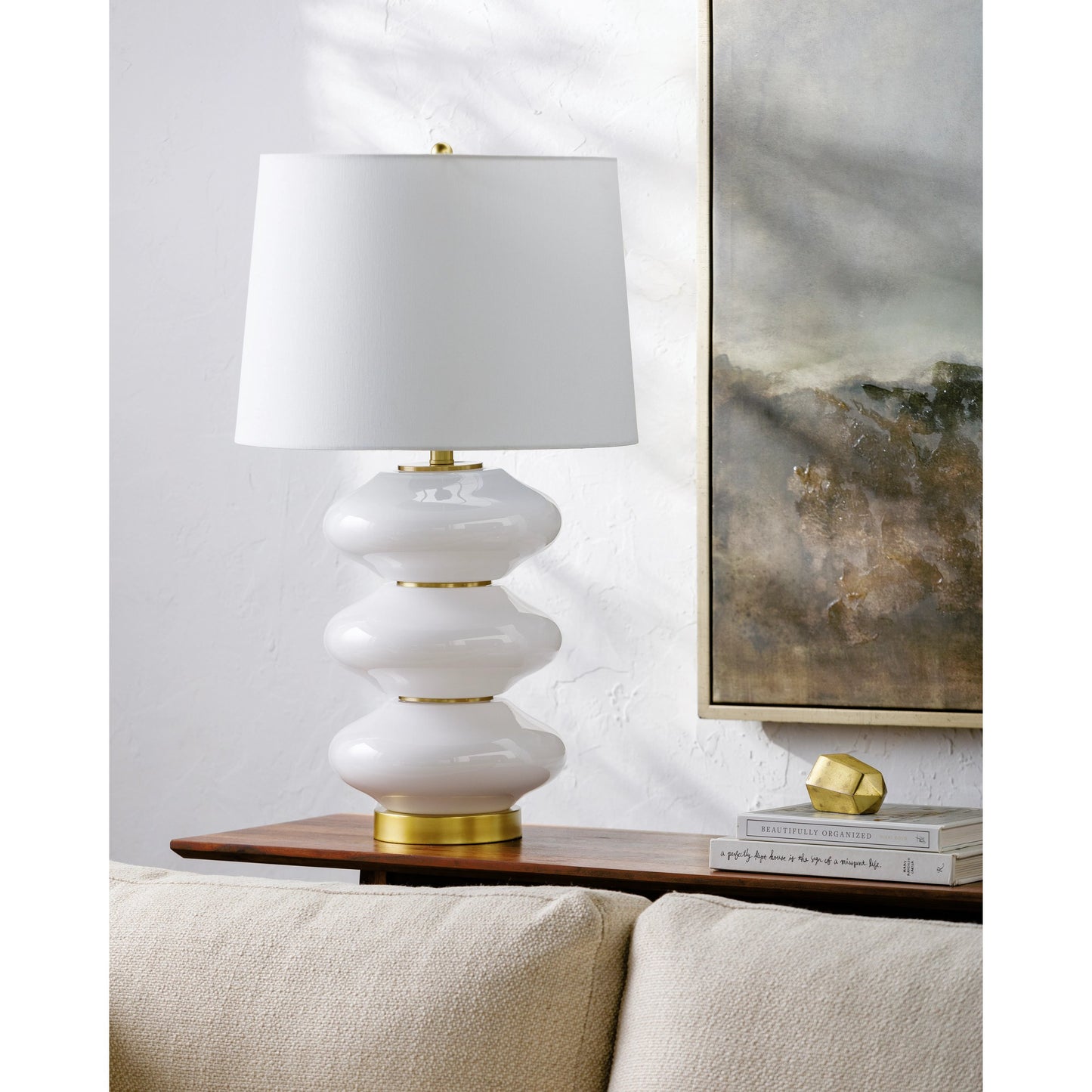 003 SI-2165551 | Lifestyle | Faible Accent Table Lamp - 535748 by Livabliss in body: white, base: metallic - brass, shade: white, finial: metallic - brass, harp: metallic - brass, cord: translucent and platedhand paintedplated. Made from glass, iron, linen