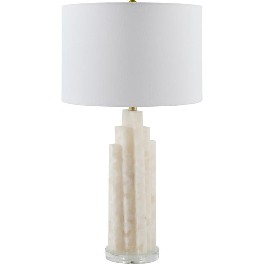 Falaise 626525 Accent Table Lamp by Surya in cream, translucent, metallic nickel, clear, white and polishedburnishedplated. Made from stone, acrylic, linen, iron in a transitional style.