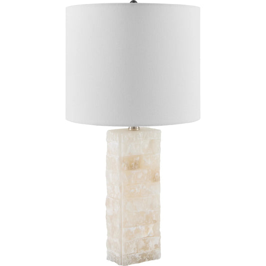 Falaise 626531 Accent Table Lamp by Surya in cream, translucent, metallic nickel, white and carvedplated. Made from stone, linen, iron in a transitional style.