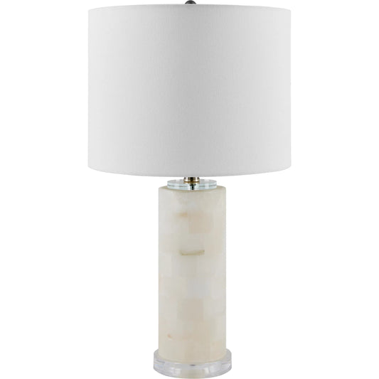 Falaise 626534 Accent Table Lamp by Surya in cream, translucent, metallic nickel, clear, white and polishedburnishedplated. Made from stone, acrylic, linen, iron in a transitional style.